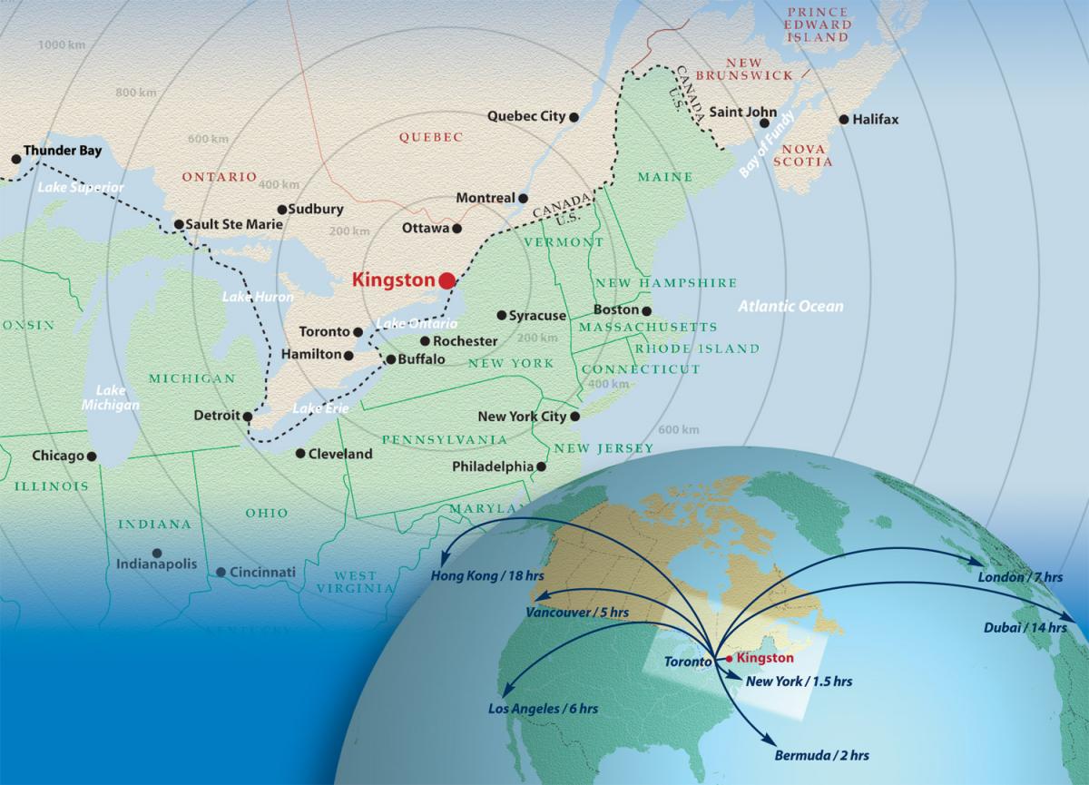 Image of map showing how close Kingston is to Ottawa, Montreal and Toronto